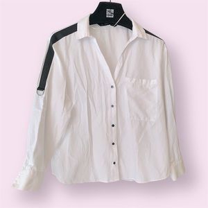 White Button-Up Shirt with Black Accents